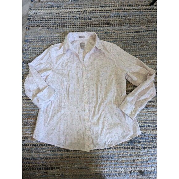 Powder Pink Grey Wrinkle Resistant Printed Button Up Shirt L Blouse Quiet Luxury - Picture 2 of 7